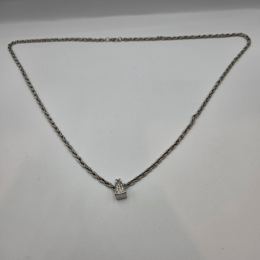 Vintage Necklace Silver Tone Rhinestone Slide Pendant 26" Rope Chain Y2K Classic